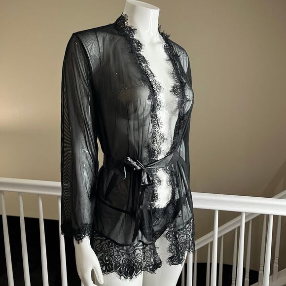 Sexy Romantic Sheer Black Lace Robe G String Thong Women's Size L #680 - Picture 6 of 12